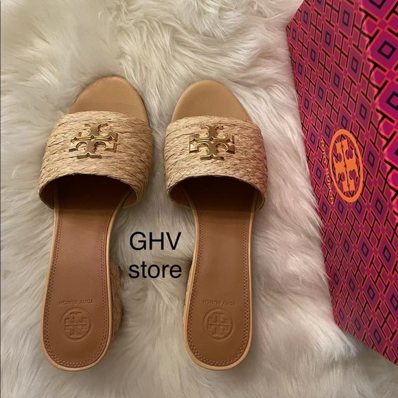 TORY BURCH EVERLY RAFFIA BLOCK SANDAL SLIDE - Picture 4 of 5
